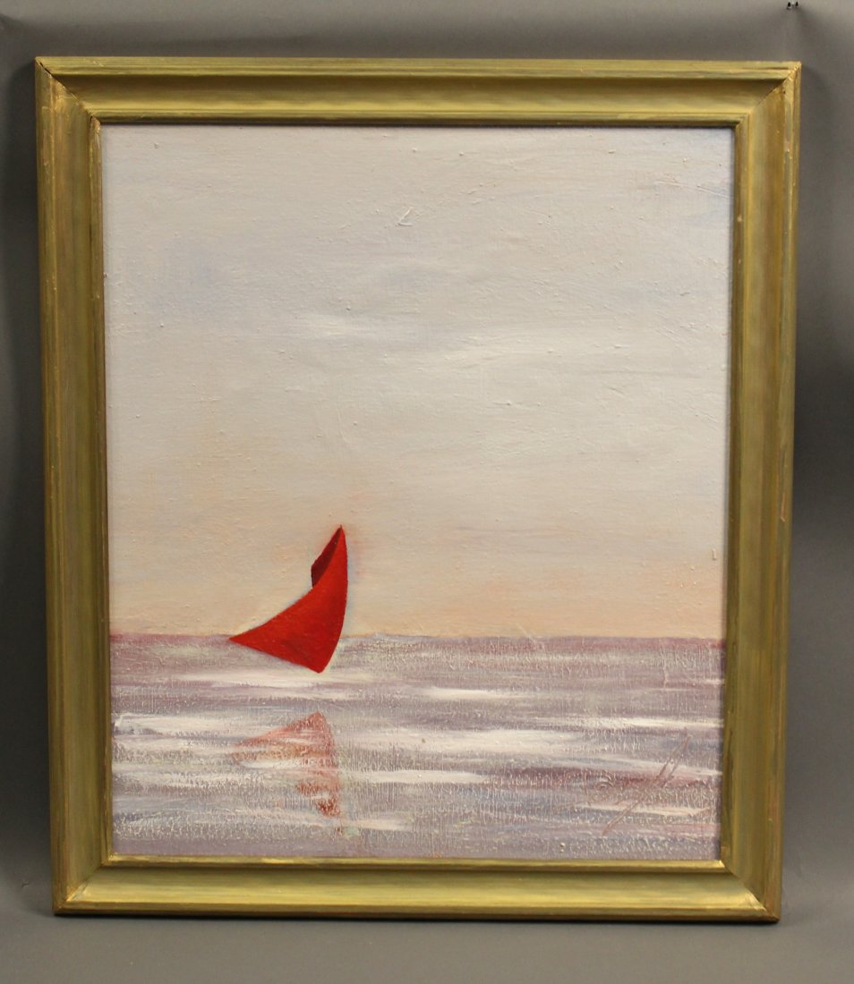 Catboat” by Kevin Doyle: Painting on canvas of a catboat with red sail sailing through a calm sea under a blue sky. Framed. 28 x 23