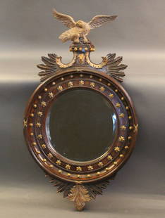 Carved Wood Mirror with Eagle: Large carved wood federal style mirror eagle finial. Stars surround the convex mirror. 44 inches tall x 30 inches wide.