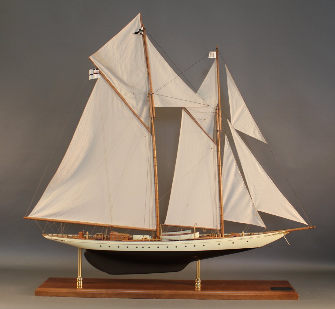 Five-foot model of the Meteor: Fabulous model of Kaiser Wilhelm’s two masted sailing yacht “Meteor” . The planked and caulked deck carries mahogany cabins, skylights with brass bars, binnacle, twin wheel on pedestal, lifeboat