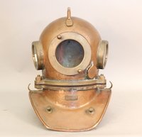 Solid copper and brass diving helmet: Three-bolt copper and brass diving helmet of Russian Manufacture. With threaded viewport, two side viewports, carry handle, weight studs, etc.. 20” tall x 15” wide