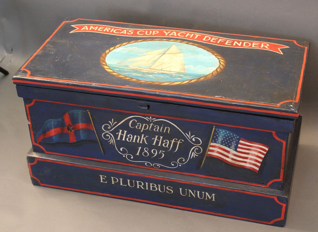 Chest with Cup Yacht Defender Painting: Painted nautical chest with a portrait of the Cup yacht Defender, flags, Captain Hank Haff 1895. 31 x 16 x 16