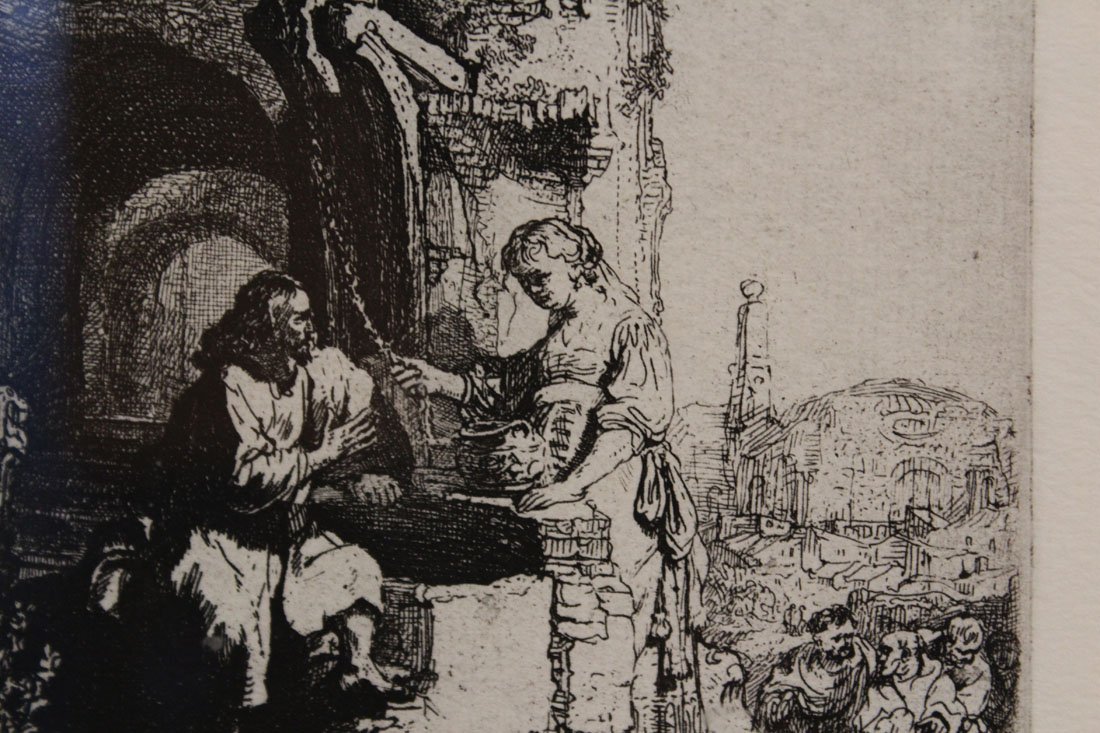 Rembrandt Van Rijn engraving: Etching titled ”Christ and the Woman of Samari” by Rembrandt Van Rijn. Finely framed in a shadow box style. Dimensions on sight: 5 1/2 x 5. Dimensions over all 23 x 22