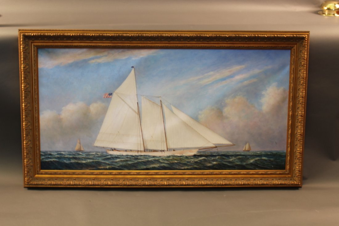 Schooner Yacht America Oil on Canvas: Oil on canvas painting of the famous schooner yacht “America” as she appeared under the private ownership of General George Butler with white hull and full bowsprit fitted to a wood frame painted 