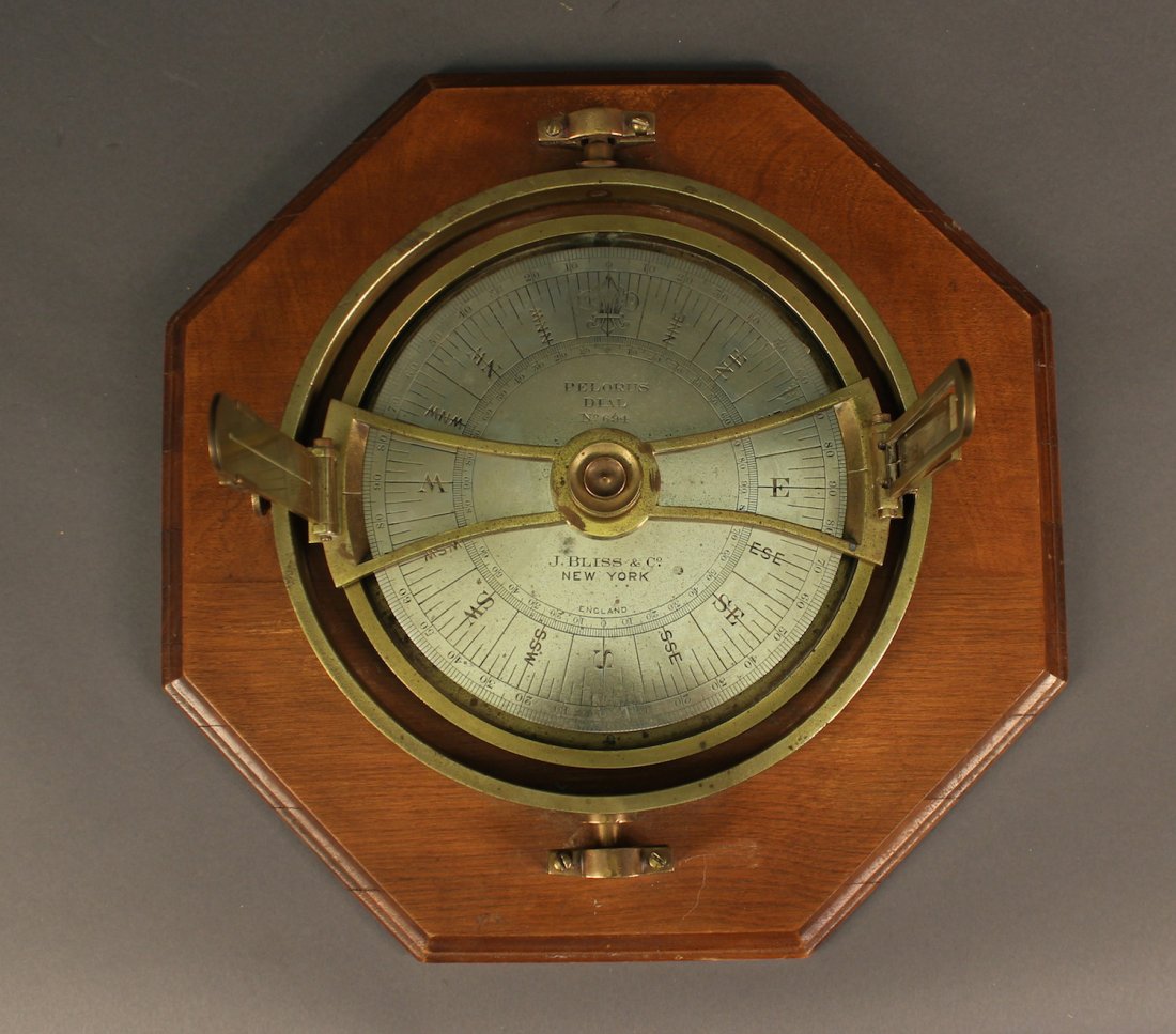 19th century John Bliss Nautical Pelorus Dial: Rare, 19th century pelorus dial from John Bliss & Co., of New York. With full compass rose outlined in degrees deeply engraved brass. Mounted to a mahogany base. 14 1/2â€ base x 7 1/2â€ height.