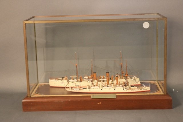 Great White Fleet Ships Boston and Baltimore: Pair of ship models. Great White Fleet vessels Boston and Baltimore. Highly detailed models showing armament, masts, rigging, etc. All in minute detail. Set into a glass and mahogany case. Provenance: