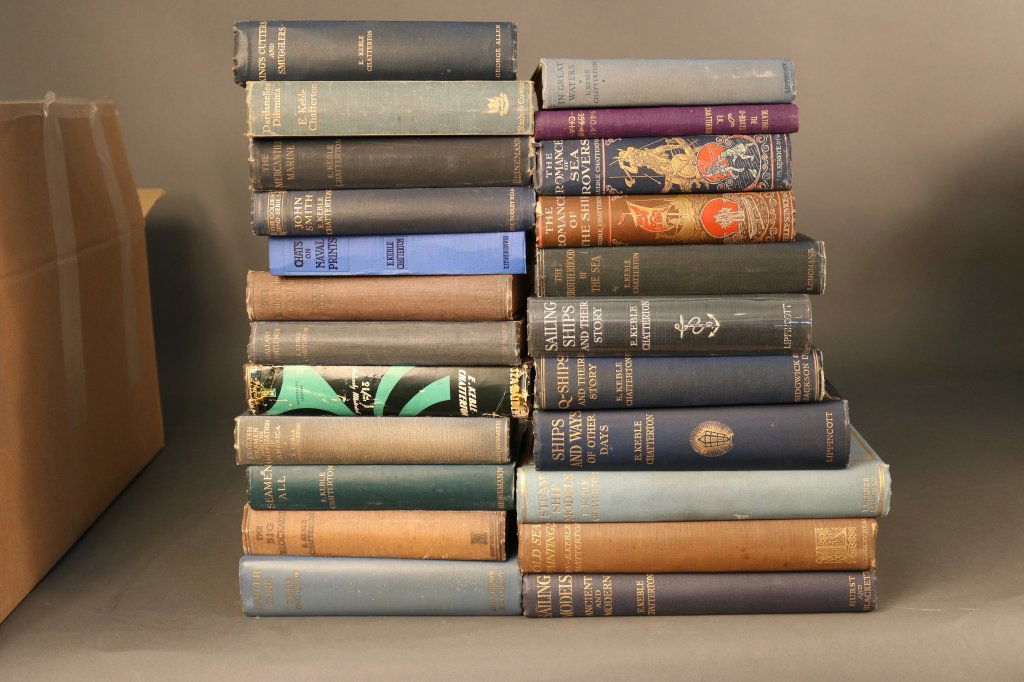 43 Nautical Themed Books: Lot of 43 nautical-themed books by E. Keble Chatterton. Titles include: "Old Sea Paintings," "Sailing Models," Steam Ship Models," Ships and Ways of Other Days," etc.