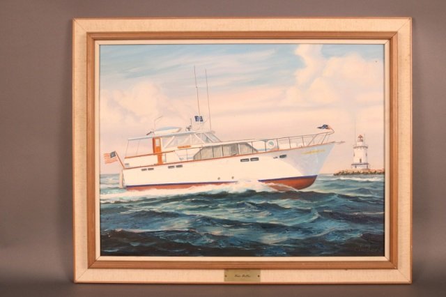 Oil On Canvas of Yacht Four Belles by Ray Crosby: Oil on canvas of the yacht "Four Belles" by Ray Crosby. A cabin cruiser named "Four Belles" is seen cruising through calm seas. A lighthouse is seen off of the port bow. With brass plate and canvas li