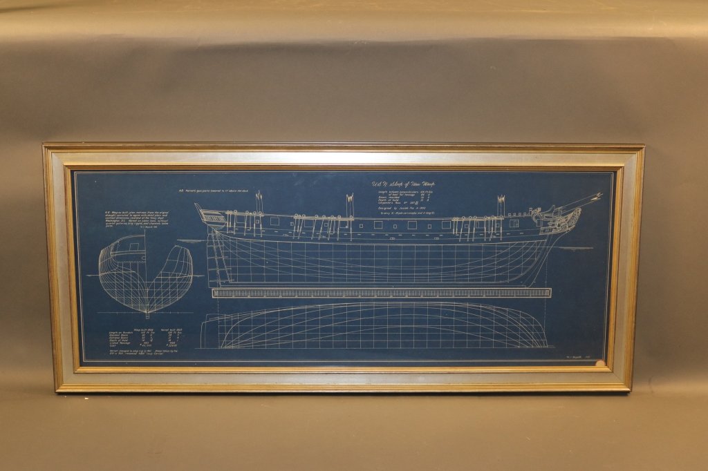 Blueprint of USN Sloop of War "Wasp": Howard Chapelle blueprint of the United States Navy sloop of war "Wasp" showing hull profile and full hull lines, including below the waterline, bow, etc. Signed lower right "H Chapelle." Framed. Over
