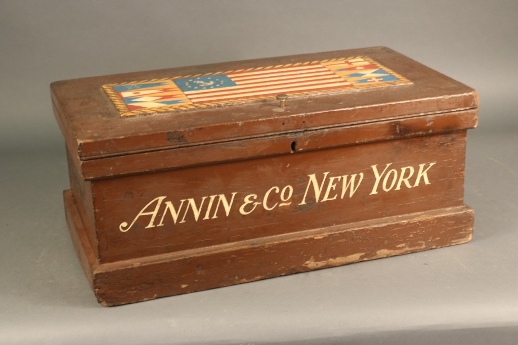 Ship's Chest with Nautical Decoration: Ship's chest with nautical flags painted on hinged lid and the name Annin & Co., New York on front. Overall Dimensions: 26" x 14" x 11"