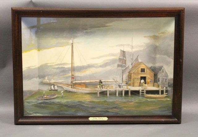 "Working Wharfside" Maritime Diorama: Highly detailed nautical diorama by talented artist Rex Stewart. The piece titled "Working Wharfside Friendship Sloop at Bristol Maine circa 1910". Show is Friendship sloop at dock with shed full of v