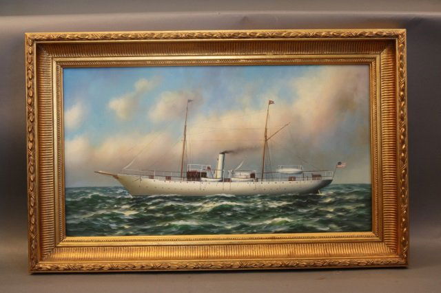 Oil on Canvas of the Steam Yacht "Columbia": Oil on canvas of the steam yacht "Columbia", underway. Very detailed. Dimensions: 28" H x 42" L. Weight: 15lbs