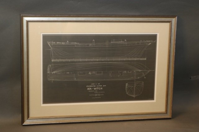 Charles G Davis Drawing of "Sea Witch": Charles G Davis drawing of the clipper ship "Sea Witch". Drawing is from Mr. Davis' workshop, fited tot he consignor. Drawing shows hull lines, bow and stern, deck and etc. Nicely matted and framed. D