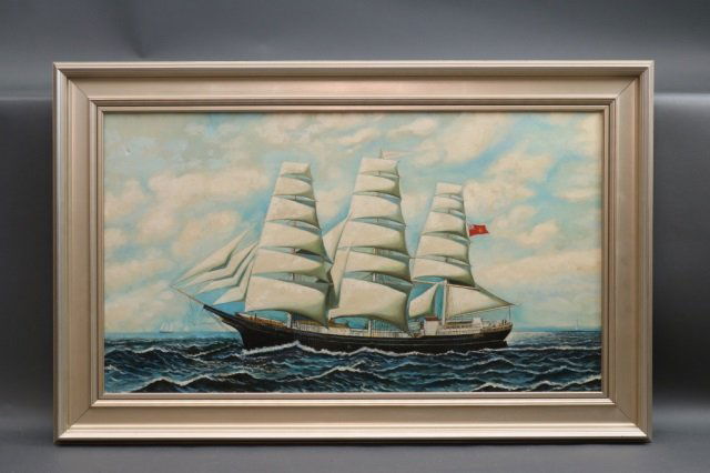 Clipper Ship Under Full Sail Oil on Canvas: Oil on canvas of a clipper ship under full sail. Ship flies the Canadian flag. Framed in silver. Dimensions: 50" L x 32" H Weight: 13lbs *This lot is part of a maritime antique auction of ship models,