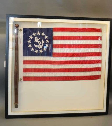 Large American Yacht Ensign: Large American yacht ensign in shadowbox frame. Dimensions: 37" H x 38" L Weight: 20lbs *This lot is part of a maritime antique auction of ship models, nautical relics, marine paintings, boat parts, y