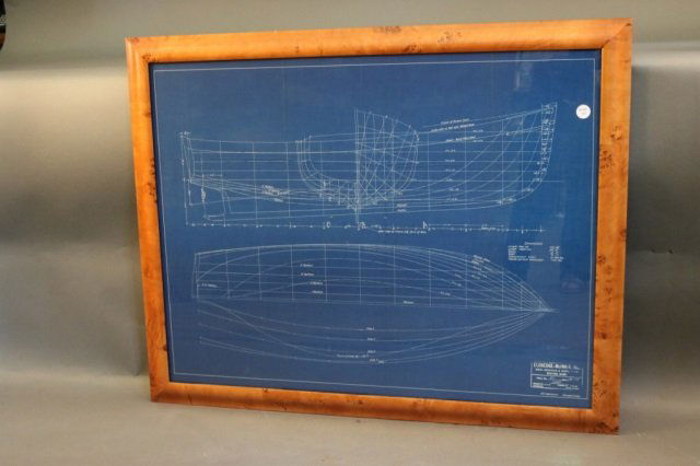 Blueprint of a 40-Foot Dragger, c 1944: Eldridge and McInnis blueprint of a 40-foot dragger from 1944. Birdseye maple frame. Overall Dimensions: 32" H x 40" W Weight: 12 lbs *This lot is part of a maritime antique auction of ship models, na