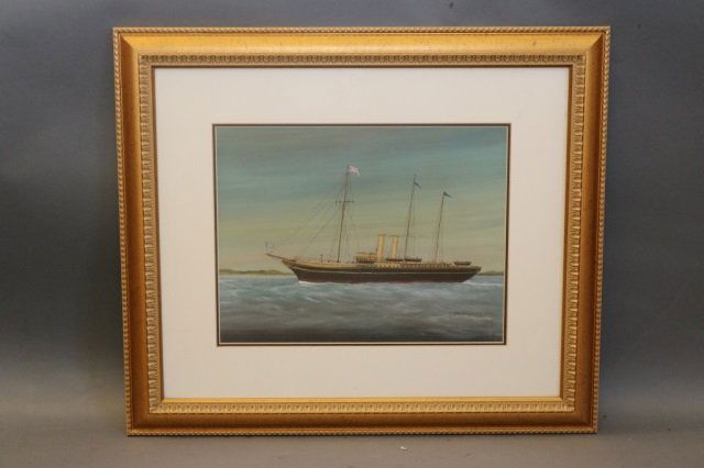Gouache of a Royal Steam Yacht: Framed and matted gouache of a Royal steam yacht. Signed lower right "HMY Alexandra". 1908. Dimensions: 24.5" H x 28" W. Weight: 8lbs *This lot is part of a maritime antique auction of ship models, na