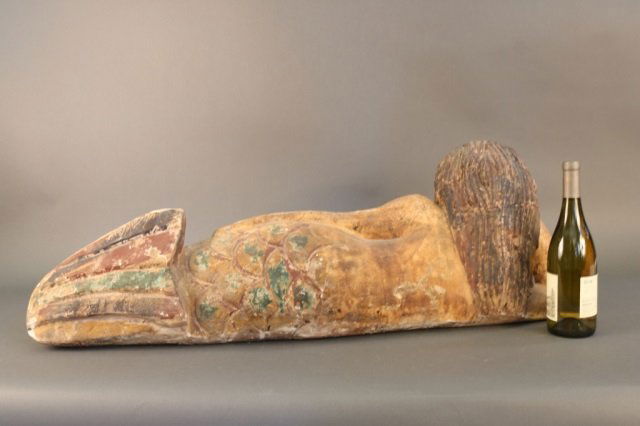 Carved Wood Mermaid: Carved wood mermaid with distressed finish and flowing hair. Dimensions: 41" L x 8" W x 15" H Weight: 19lbs *This lot is part of a maritime antique auction of ship models, nautical relics, marine pain