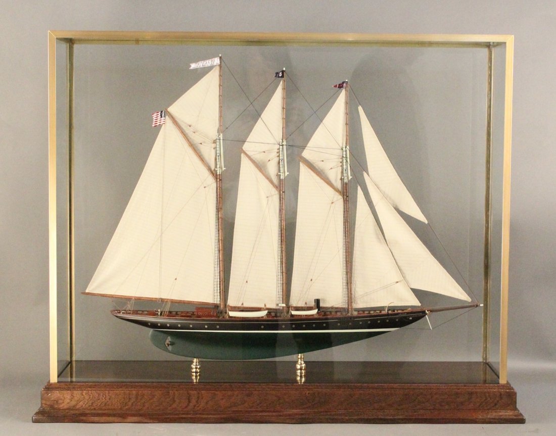 Model of the Schooner Yacht "Atlantic": Highly detailed model of the schooner yacht "Atlantic". Details include, winch, ventilators, companionways, masts, booms, rigging and full suit of stitched linen sails, anchor and davit, engine room l