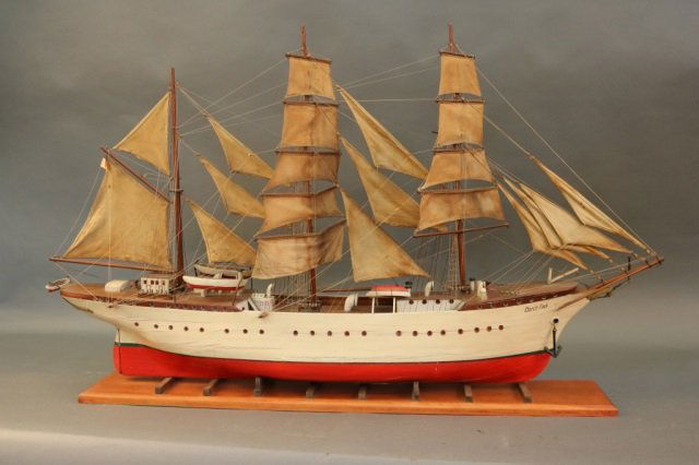 Gorch Fock Model: Model of the Gorch Fock. The Gorch Fock was a tall ship in the German Navy. Dimensions: 48" L x 10" W x 30" H. Weight: 15lbs *This lot is part of a maritime antique auction of ship models, nautical re