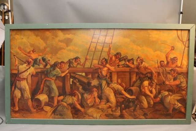 Large Mural of Pirates: Large pirate mural showing buccaneers fighting on board ship. Lots of action. Dimensions: 92" L x 52" H Weight: 46lbs *This lot is part of a maritime antique auction of ship models, nautical relics, m