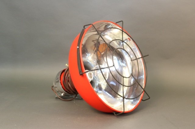 Red Oceanic Ships Cargo Light: Ships cargo lamp with red painted spun aluminum shade. *This lot is part of a maritime antique auction of ship models, nautical relics, marine paintings, boat parts, yachting collectibles, steamship a
