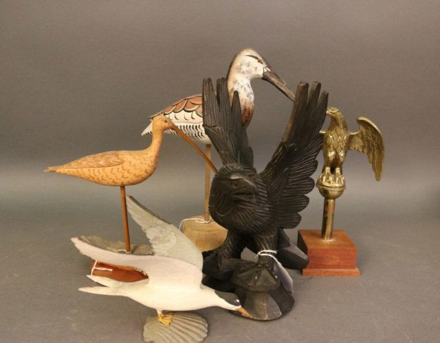 Various Birds: Lot of five various birds, a few quality carvings and one brass eagle on a pedestal. Overall Dimensions: Largest is 15" H Weight: 10lbs *This lot is part of a maritime antique auction of ship models,