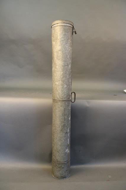 Maritime Chart Case of Galvanized Steel: Long ship's chart case of galvanized steel with hinged end cap with clasp. *This lot is part of a maritime antique auction of ship models, nautical relics, marine paintings, boat parts, yachting colle