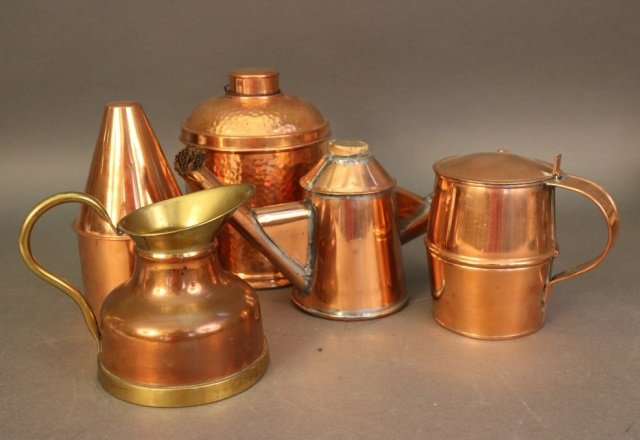 Lot of 5 Copper Pieces: Five copper pieces including a tea caddy, a mug, and a pitcher. Weight: 8lbs *This lot is part of a maritime antique auction of ship models, nautical relics, marine paintings, boat parts, yachting col
