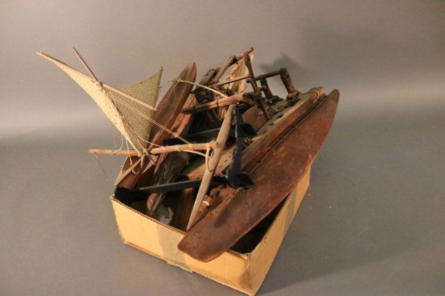 Lot of Polynesian Models: Lot of three deaccessioned museum display models of Polynesian vessels. As is. *This lot is part of a maritime antique auction of ship models, nautical relics, marine paintings, boat parts, yachting c