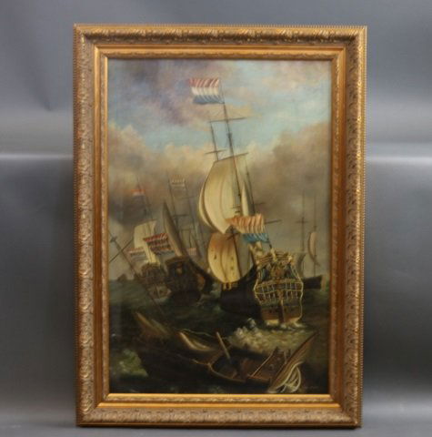 Armada at War Marine Painting: A group of warships are shown underway. Three decorative sterns are in view. Wood and gesso frame. On Sight Dimensions: 23" L x 36" H Framed Dimensions: 31" L x 43" H Weight: 14lbs *This lot is part o
