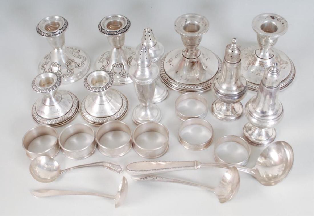 Lot of Sterling Silver--Napkin Rings, Ladles, Etc.: 21 pieces total: Seven round sterling silver napkin rings including three by Gorham, No. 6290, 1/2"W, 1 3/4" dia. and four by Alvin, 3/4"W, 1 3/4" dia.; good condition---5 1/4" ladle, Young Love patte
