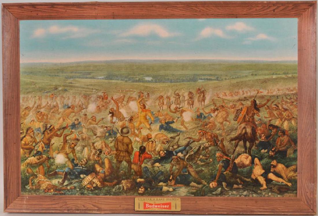 Budweiser Advertising "Custer's Last Fight" Sign: A vintage Budweiser Beer advertising sign, lithograph of the battle scene painting "Custer's Last Fight" by Otto Becker (American, 1854-1945), on cardboard within a 2 1/2"W cardboard frame having a fa