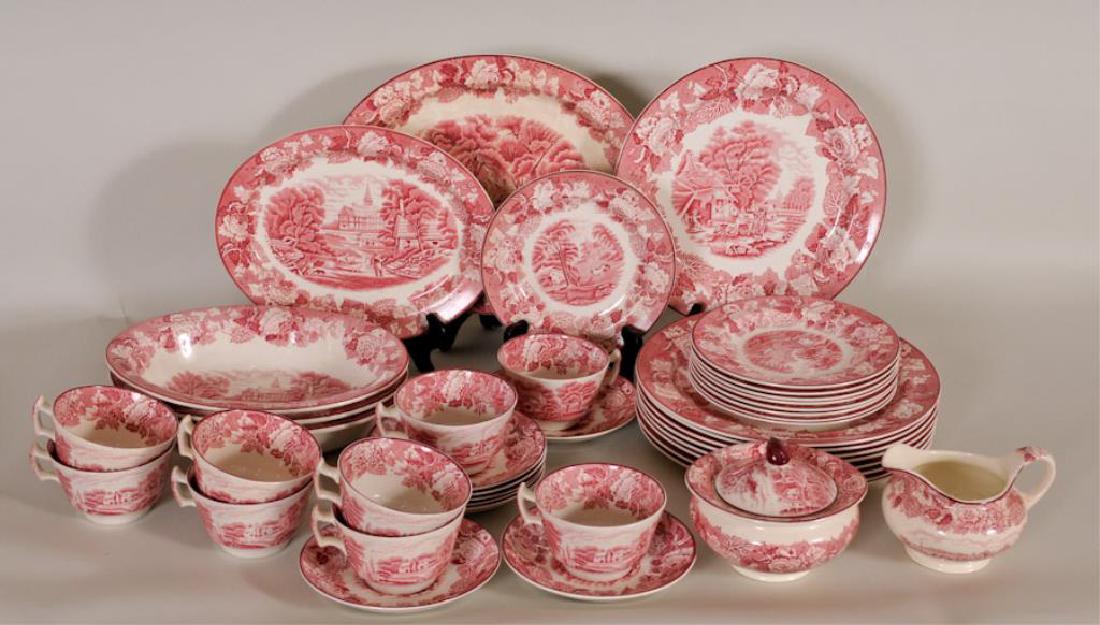 English Wood & Sons Dinnerware: Partial set of "Enoch Wood's English Scenery" dinnerware, 43 total pieces including: Nine 10" dinner plates, nine 7" plates, eight saucers and nine cups, three 9 3/4" oval vegetable bowls, one 10" pla