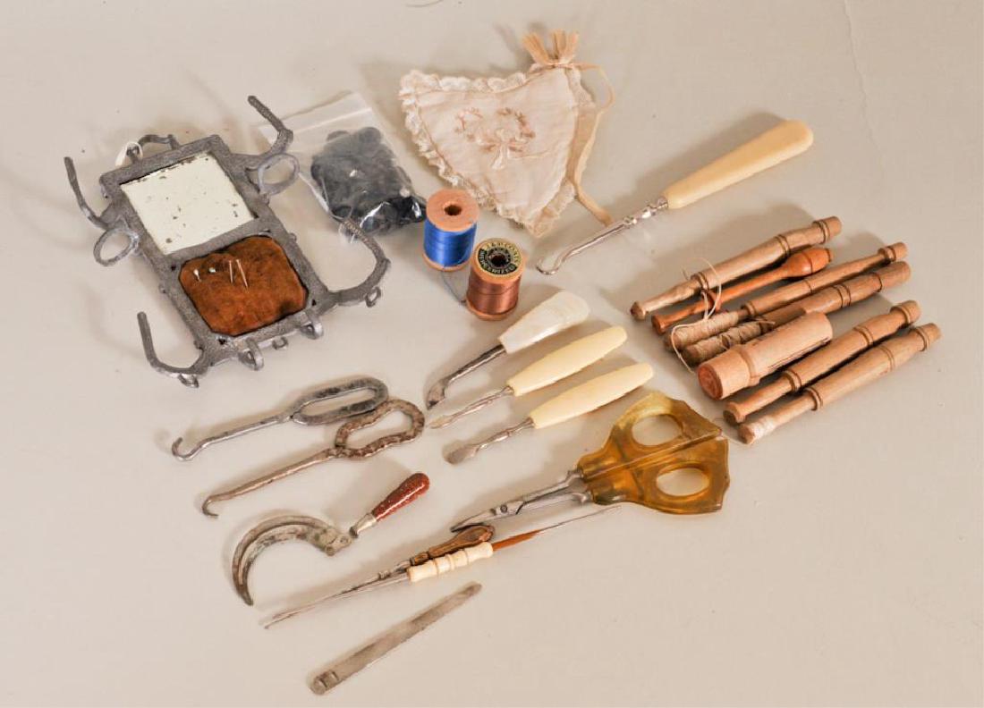 Lot of Ladies' Sewing Items & Other Implements: Metal wall mount sewing caddy with mirror and pincushion, 4 1/4"W, 5 1/2"H---1915 Panama Exposition Singer souvenir bodkin---Double ended crochet hook with celluloid center---Crochet hook with gilt ha