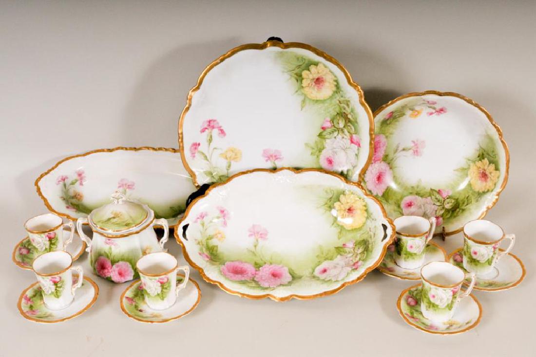 18 Pcs. Tirschenreuth Bavarian Porcelain: White porcelain with gilt and scalloped rims, decorated with hand painted pink and yellow flowers, set includes: Oval bowl with openwork handles, 12 3/4" x 8 1/4", 2"H---Oval bowl, 13 3/4" x 6 3/4", 1