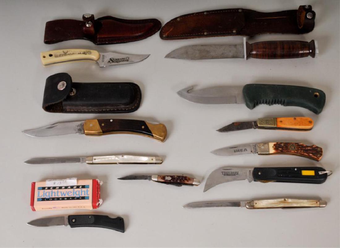 Lot of Eleven Schrade Knives: Including: Schrade-Walden H15 Hunting Fixed Blade in leather sheath--- IHEA Limited Edition folding pocket knife---Schrade-Walden SS700 Melon or Citrus Tester Folding Knife with "Razor Blade" etched o
