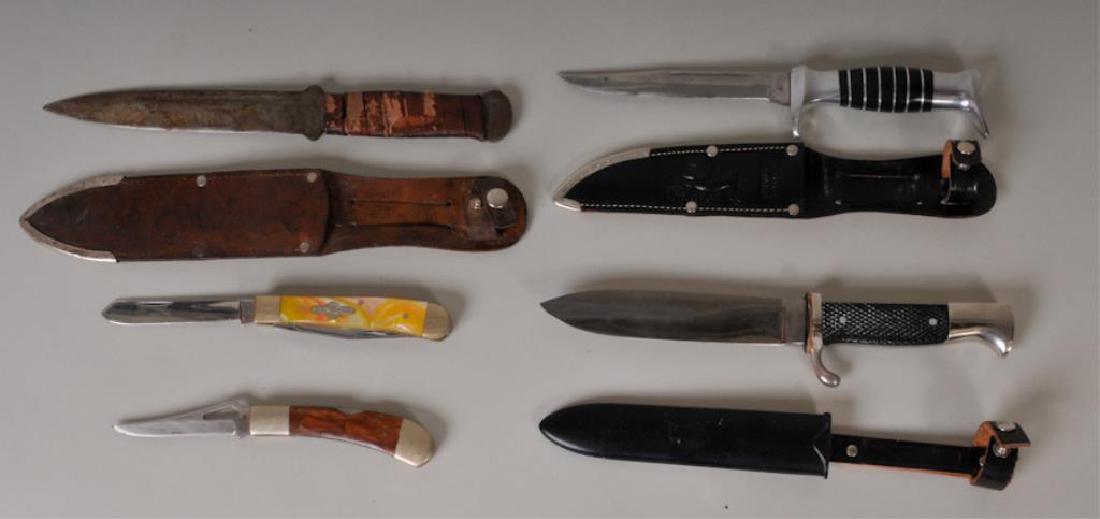 5 German Knives, Incl. German Boy Scout Knife: 1. German Boy Scout knife resembling a Hitler Youth Knife, marked on one side "Othello / Solingen / Rostfrei" and on other "Anton Wingen Jr. / Solingen-Germany", black plastic checkered grips with sil