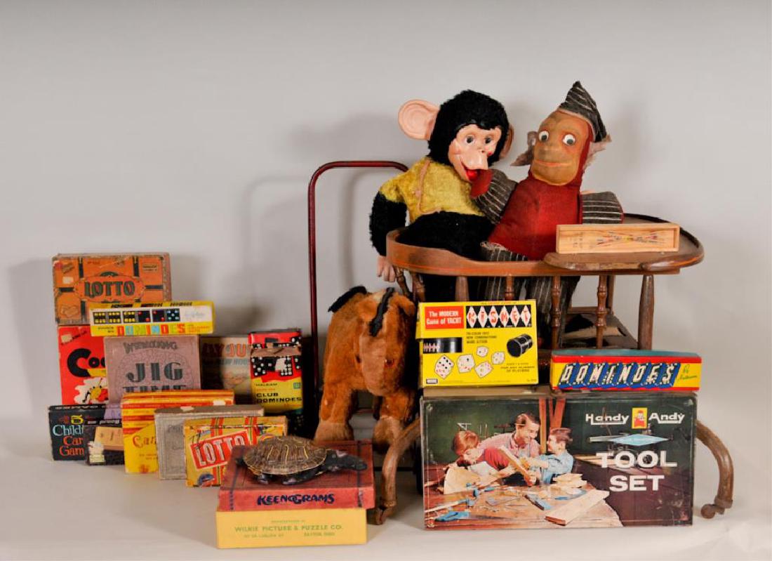 Lot of Vintage Children's Items, Toys & Games: Push toy having a stuffed toy horse on a four-wheeled red metal push cart, handle 19"H; good condition overall with normal wear to fabric on horse---Plush monkey having a painted and sculpted cloth fa