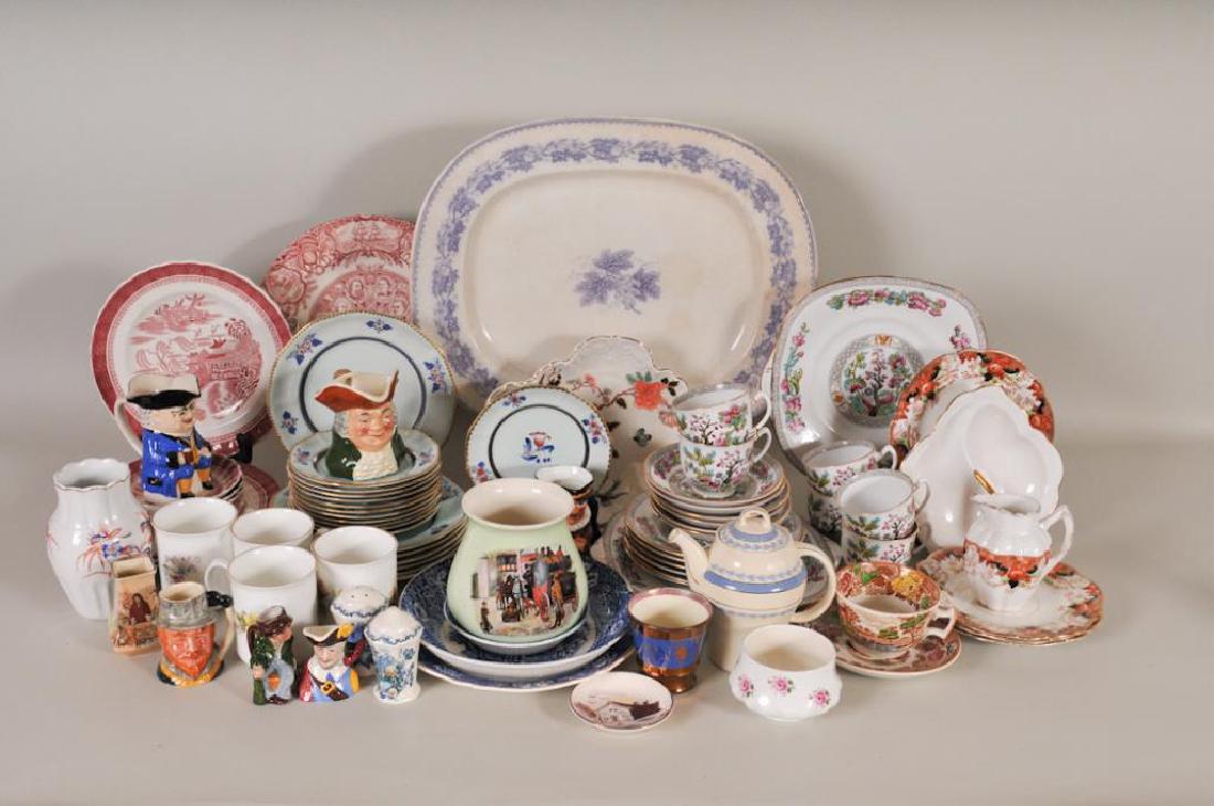 Large Lot of English Tableware & Character Jugs: Assorted lot of English tableware and character jugs including: 14" x 17 1/4" mulberry transferware platter, grapevine border and grape cluster at center, marks for Bell "Ivy Wreath / J. & M.P.B. & Co