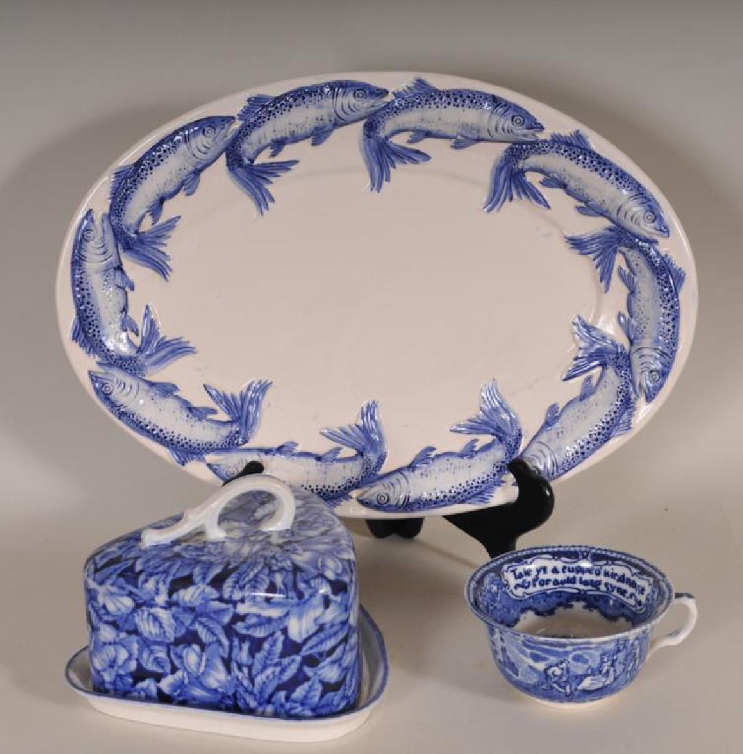 3 Pieces of Blue & White Tableware: 1. Blue and white transferware triangular ironstone cheese dish and cover, 20th century, decorated with an overall floral and foliate motif, marked on base "Blakeney (Victoria logo) / Ironstone / Staf