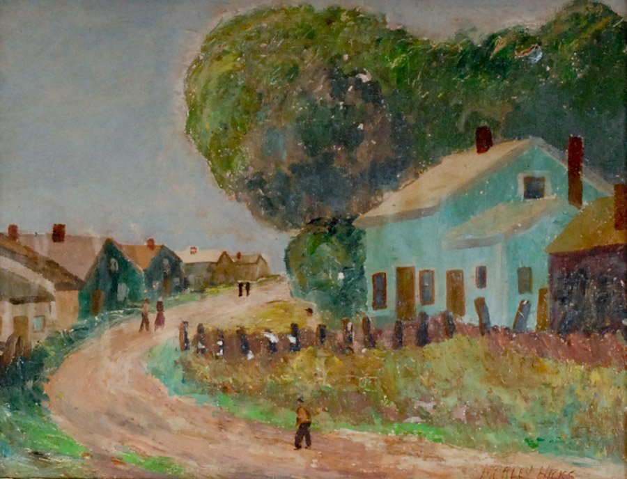 Morley Hicks (Wisconsin, 1877-1959): Figures walking on a rural village road, signed lower right "Morley Hicks", oil on board; painted gilt wood frame; 18"W x 14"H; frame 21 3/4"W x 17 3/4"H; small puncture in upper right corner; scatter