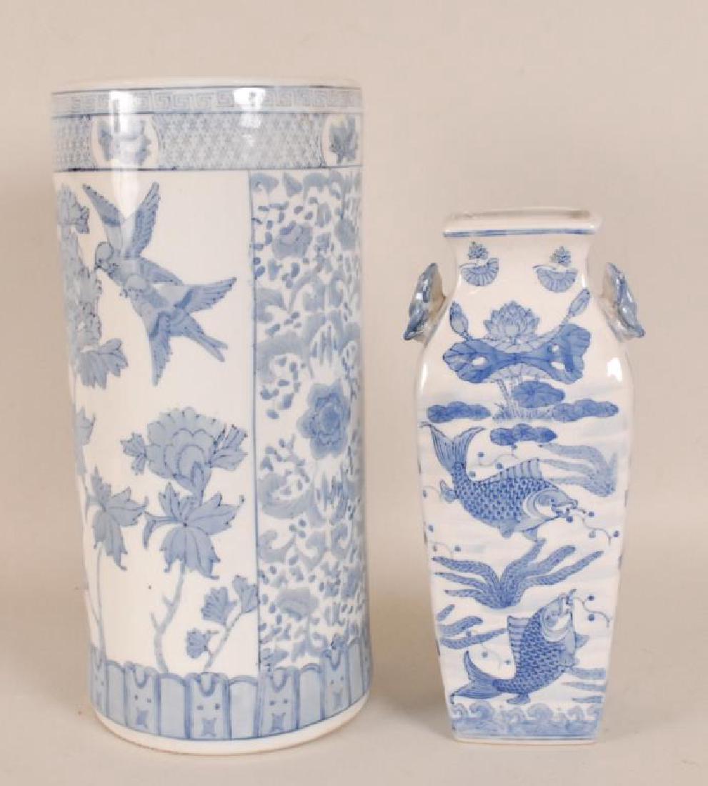Chinese Blue & White Vase & Umbrella Stand: Two pieces of Chinese blue and white porcelain: 1. Square shaped vase decorated with underwater landscape depicting fish, algae and lotus; frog handles, Da Qing Qianlong Nian Zhi mark in blue on botto
