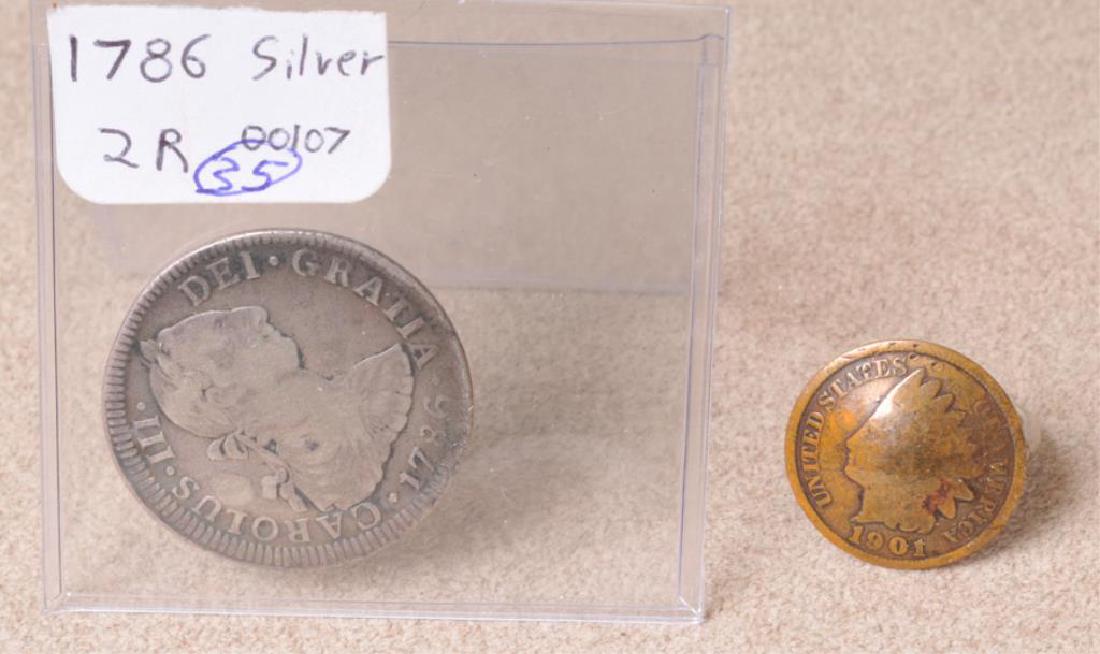 1786 Spanish Colonial Silver Coin, 1901 Coin Ring: Lot includes two items: 1. Spanish Colonial silver coin, 1786 Mexico 2 reales, Carlos III, assayer initials "FM"---2. Ring made from a 1901 Indian head penny, size 4 1/2 (Ref. 35, 18-1)