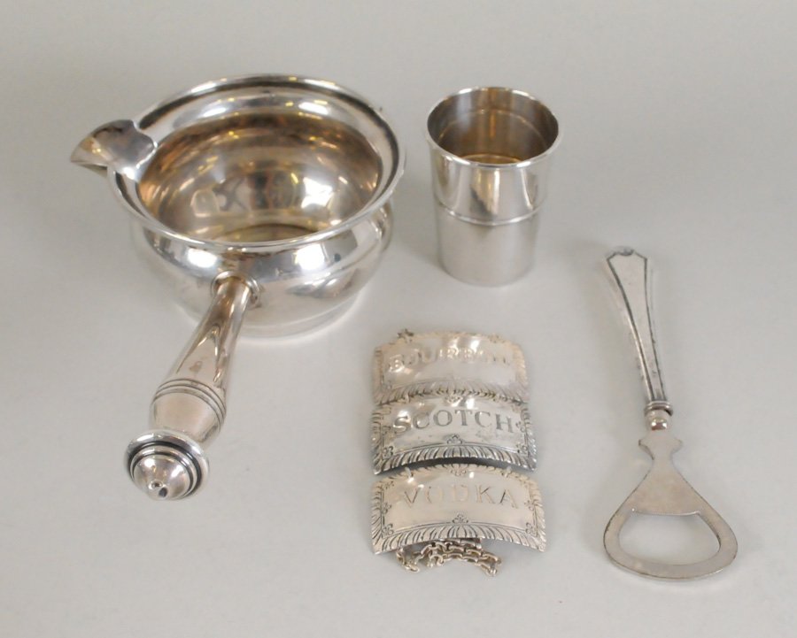 Sterling Silver Bar Accessories: 6 total pieces: 1. Solid sterling brandy warmer, mark for Revere Silversmiths and "Sterling / 542"; 7 1/4"L, 2 1/8"H---2. Sterling jigger shot glass, marked "Reed & Barton / Sterling / X8"; 2 1/8"H, 1