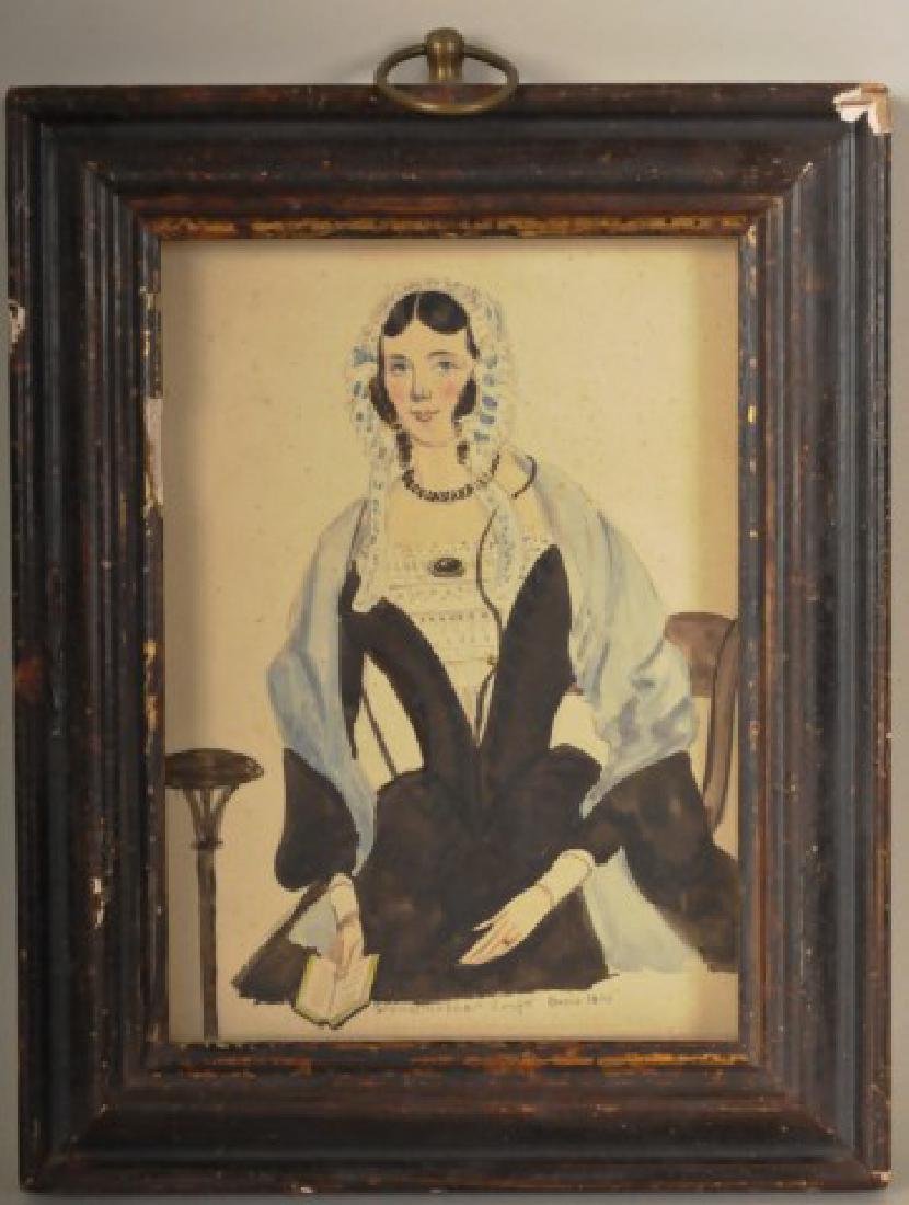 19th Century Watercolor Portrait: American or British school (19th century), folk art portrait of a woman seated in a Classical side chair and holding a book in one hand; wearing a black dress with white bodice, a blue shawl and blue