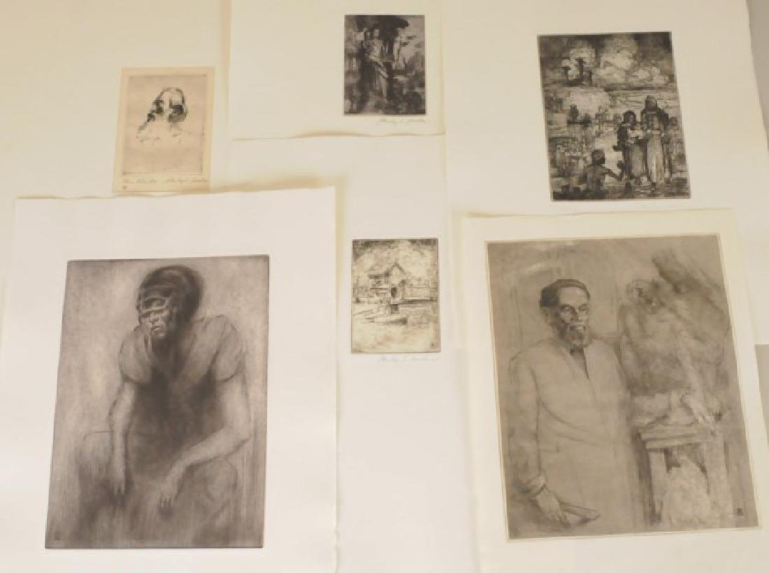 6 Stanley S. Sessler Etchings: Six unframed etchings by Stanley S. Sessler (Russian / American, b. 1905): 1. Etching of renowned Croatian and American sculptor, Ivan Mestrovic (1883-1962), written in pencil lower left corner "1st T