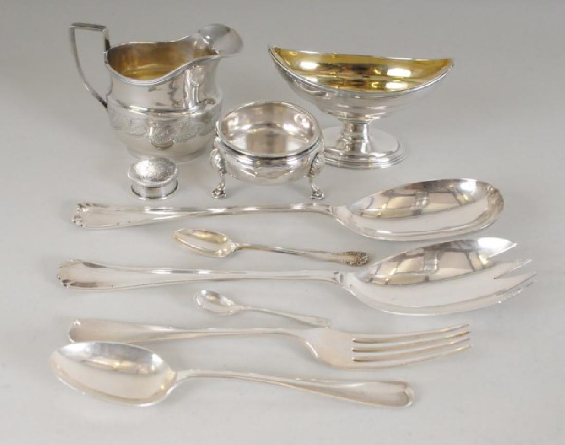 George III, Tiffany & Other English Silver: 1. London, 1785, George III open salt cellar, boat shaped with pedestal base and gilt interior; hallmarked with London marks, 1785 date letter, 1785 duty mark and "WS" in rectangle (probably William S