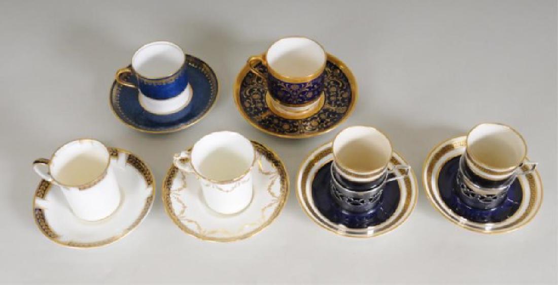 6 English Porcelain Cups & Saucers, Inc. Minton: Six English porcelain demitasse cups and saucers, all in good condition: 1. Minton cup and saucer made for Tiffany and Co., richly gilded with wide cobalt blue bands, marked "Mintons / Tiffany & Co. /