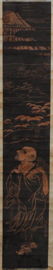 Japanese Woodblock Print, Koryusai Isoda: A Japanese woodblock print, Koryusai Isoda (Japan, 1735-1790), depicting male figure walking and gazing overhead at pine trees and mountainous terrain, mounted to a brocade fabric-paper scroll; writte