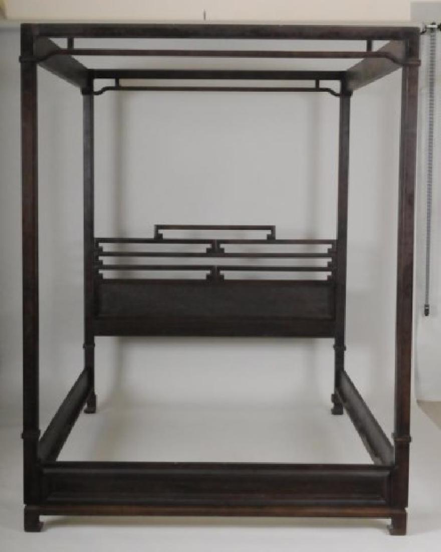 Thomasville Asian Style Canopy Bed: Carved hardwood, headboard with rectangular caned panel, stamped "Thomasville Furniture Industries" on back of headboard, mid 20th century; 63"W, 87 1/2"L, 83 1/2"H; good condition overall with abrasi